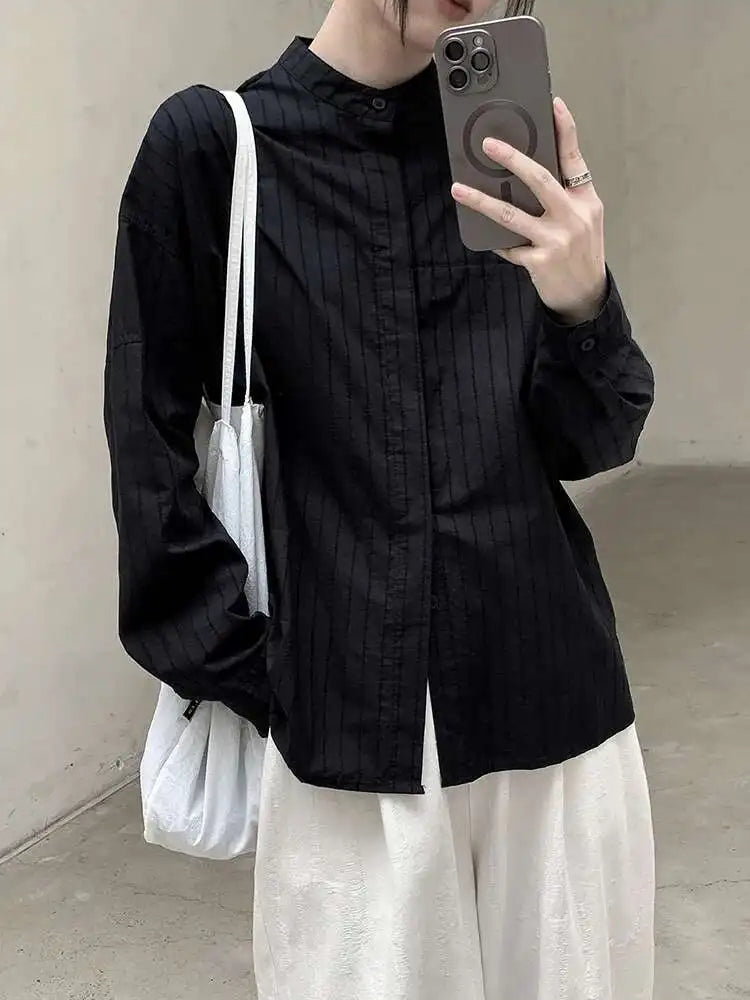 Women Black Striped Vintage Big Size Blouse New Stand Collar Long Sleeve Shirt Fashion Tide Spring Autumn 2025 1DH8363