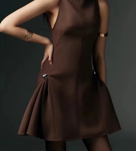 Solid Spliced Folds Slimming Dresses For Women O Neck Sleeveless High Waist Temperament Mini Dress Female Fashion