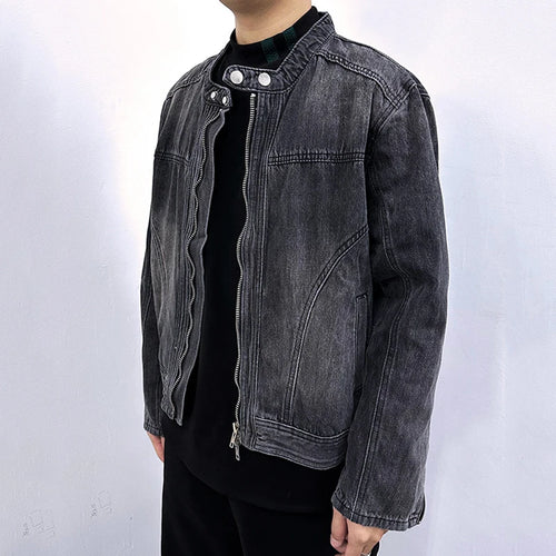 Load image into Gallery viewer, Men&#39;s Denim Jakects Collarless Design Washed Streetwear Worn-out Niche Motorcycle Zipper Trendy Male Clothing New 9W1830
