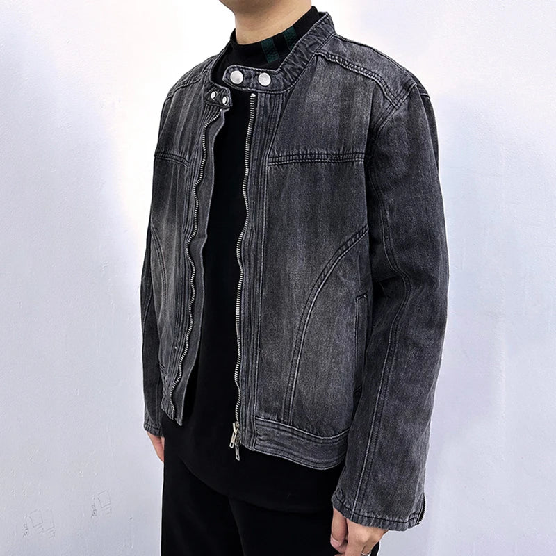 Men's Denim Jakects Collarless Design Washed Streetwear Worn-out Niche Motorcycle Zipper Trendy Male Clothing New 9W1830