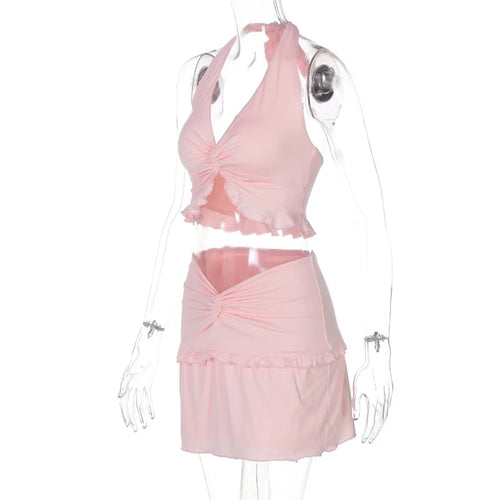 Load image into Gallery viewer, Ruffle Sexy Skirt Two Piece Sets Women Halter Lace-up Crop Top And Mini Skirt Female Beach Club Party 2 Piece Set
