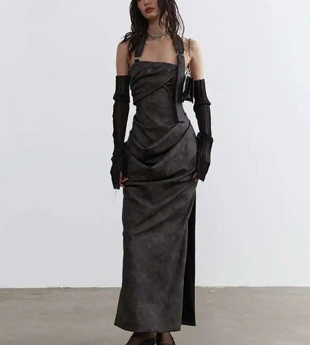 Women Gray Shaped Pleated Pu Leather Long Elegant Strapless Dress New Sleeveless Fashion Tide Spring Autumn 2025 1DH4724