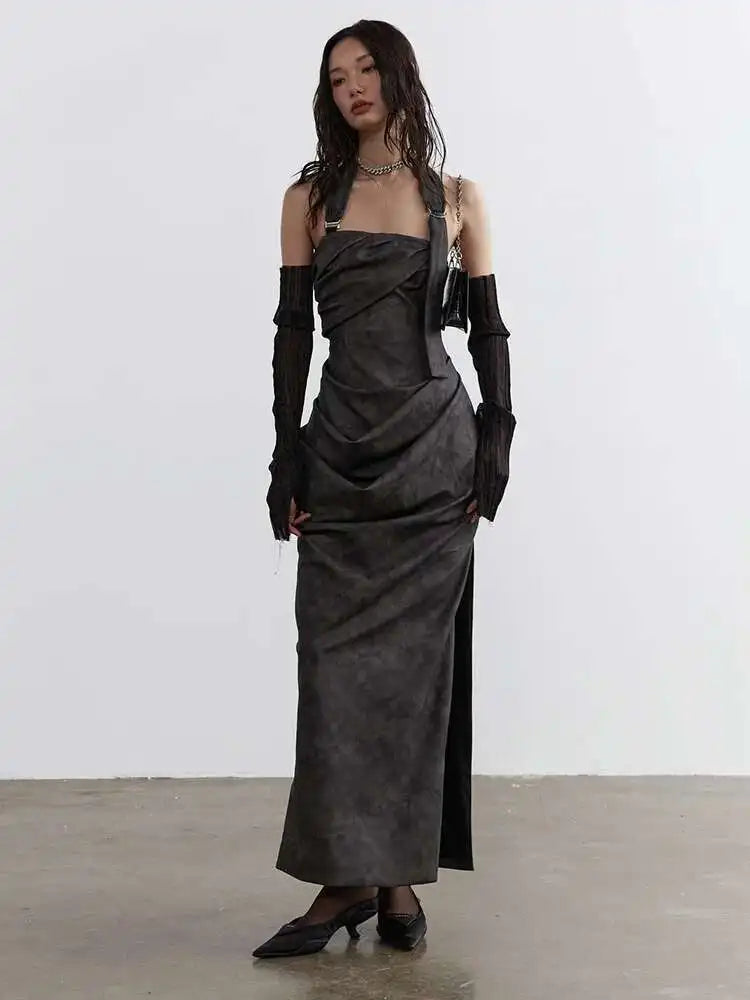 Women Gray Shaped Pleated Pu Leather Long Elegant Strapless Dress New Sleeveless Fashion Tide Spring Autumn 2025 1DH4724