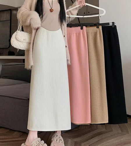 Korean Fashion Solid Velvet Elegant High Waist Festival Long Skirt Autumn Winter Women Slim Straight Knitted Half Skirt 2024 New