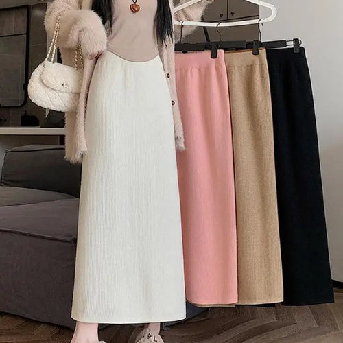 Load image into Gallery viewer, Korean Fashion Solid Velvet Elegant High Waist Festival Long Skirt Autumn Winter Women Slim Straight Knitted Half Skirt 2024 New
