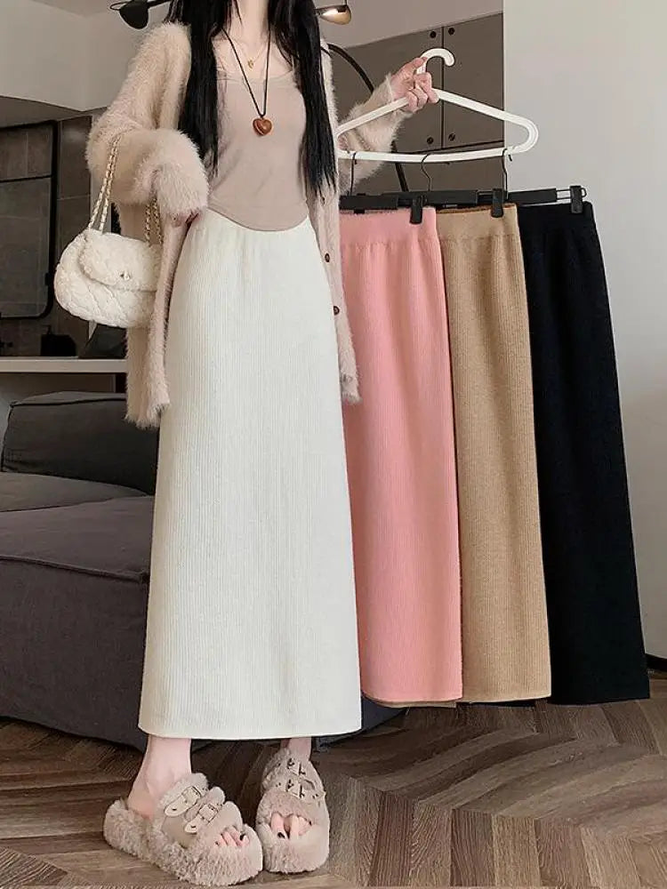 Korean Fashion Solid Velvet Elegant High Waist Festival Long Skirt Autumn Winter Women Slim Straight Knitted Half Skirt 2024 New