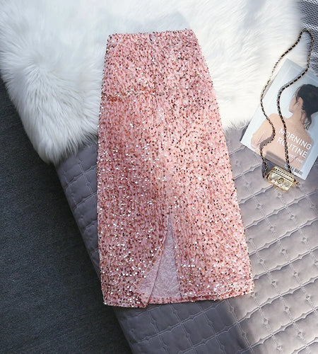 Korean Style Fashion Sequin Design Long Skirts For Women All Season Ladies Casual Streetwear All Match Sexy Split Midi Skirt