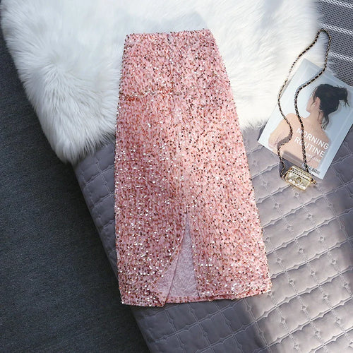 Load image into Gallery viewer, Korean Style Fashion Sequin Design Long Skirts For Women All Season Ladies Casual Streetwear All Match Sexy Split Midi Skirt
