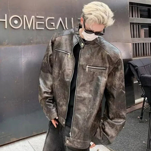 Load image into Gallery viewer, PU Leather Jackets New Fashion Tide Round Collar Male Zipper Make Old Reteo Male Jacket 2025 Spring Trend Men 9C9258
