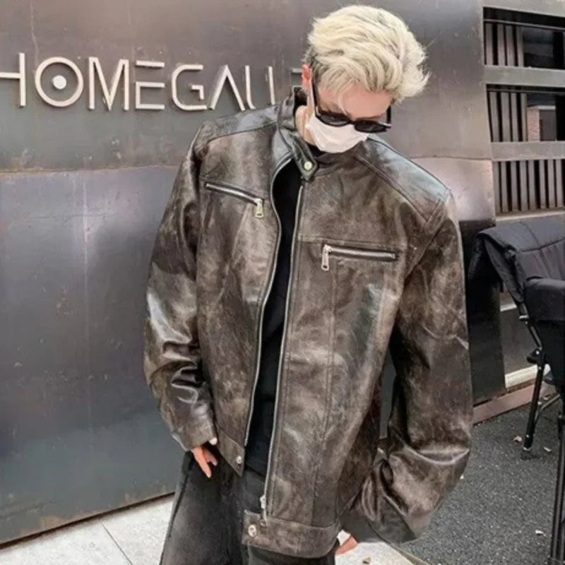 PU Leather Jackets New Fashion Tide Round Collar Male Zipper Make Old Reteo Male Jacket 2025 Spring Trend Men 9C9258