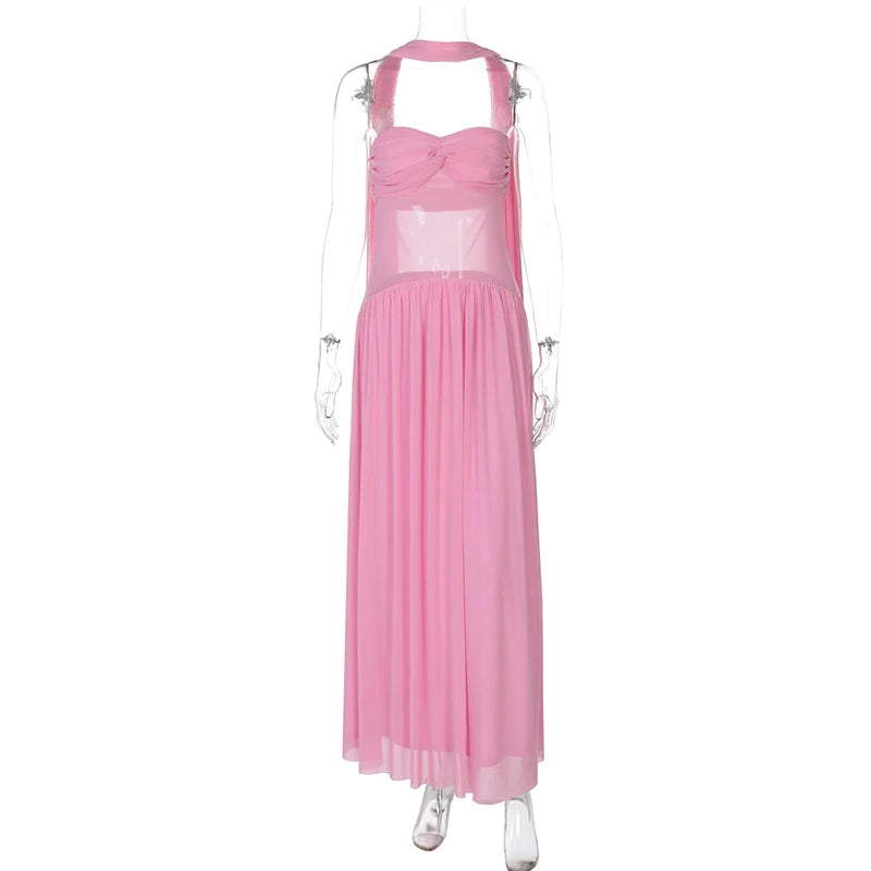 Scarf Collar Backless Sexy Maxi Dress For Women Gown Pink Strapless Off-shoulder Backless Mesh Long Dress Vestido