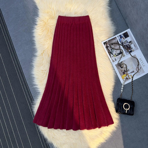 Load image into Gallery viewer, Autumn Winter Women's Black White Elegant Knitted Long Skirt Red Elastic High Waist Party Wrap Hip Pleated Fishtail Skirts 2024
