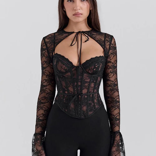 Load image into Gallery viewer, Elegant Lace Printed Patchwork Long Sleeve Hollow Out Women Top Set Sexy Perspective Fishbone Tight Strap Up 2025 Set
