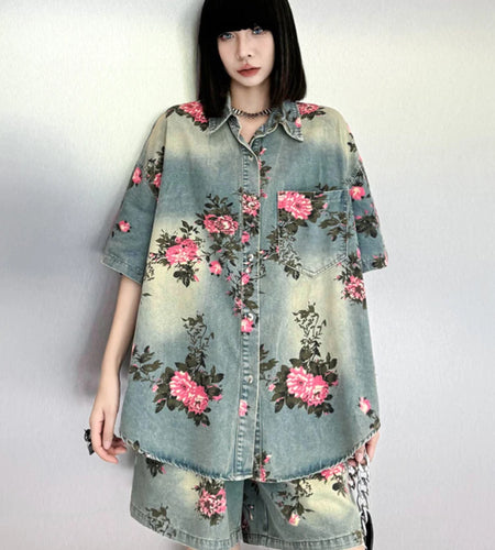 Blue Denim Shirt Wide Leg Shorts Two Piece Suit New Lapel Short Sleeve Women Fashion Tide Spring Summer 2025 1DH6138