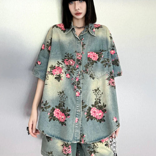 Load image into Gallery viewer, Blue Denim Shirt Wide Leg Shorts Two Piece Suit New Lapel Short Sleeve Women Fashion Tide Spring Summer 2025 1DH6138
