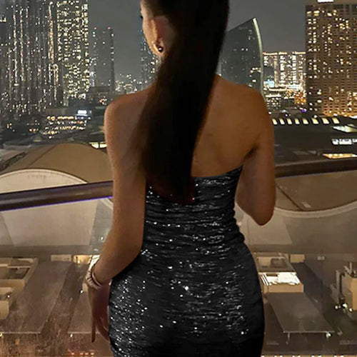 Load image into Gallery viewer, Sequins Off-shoulder Sexy Mini Dress For Women Fashion Strapless Feather Backless Bodycon Club Party Sparkle Dress
