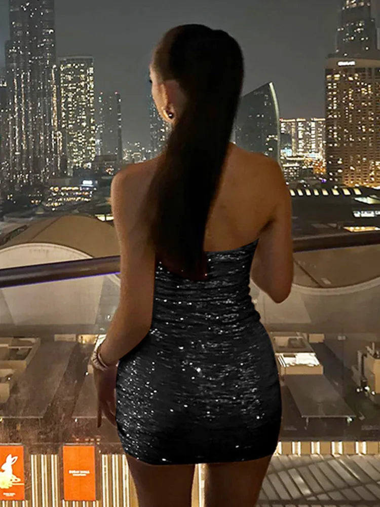 Sequins Off-shoulder Sexy Mini Dress For Women Fashion Strapless Feather Backless Bodycon Club Party Sparkle Dress