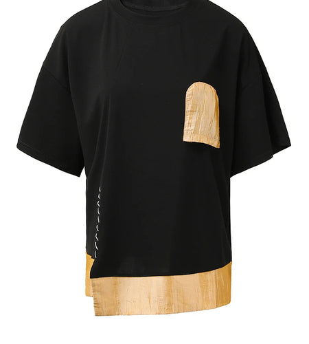 Women Black Pocket Color-block Topstitched Big Size T-shirt New Round Neck Short Sleeve Fashion Spring Summer 2025 1DH5356