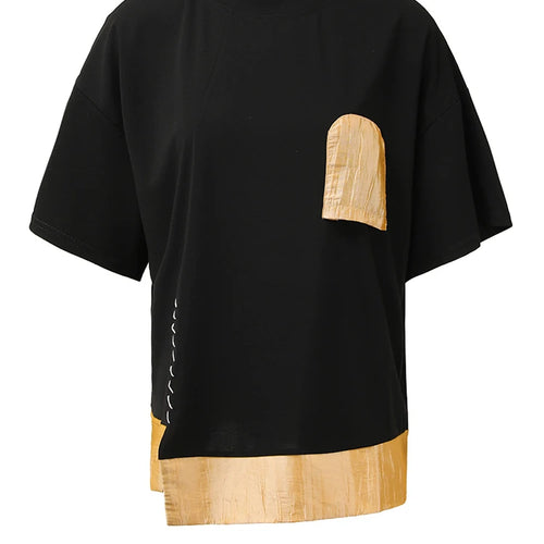 Load image into Gallery viewer, Women Black Pocket Color-block Topstitched Big Size T-shirt New Round Neck Short Sleeve Fashion Spring Summer 2025 1DH5356
