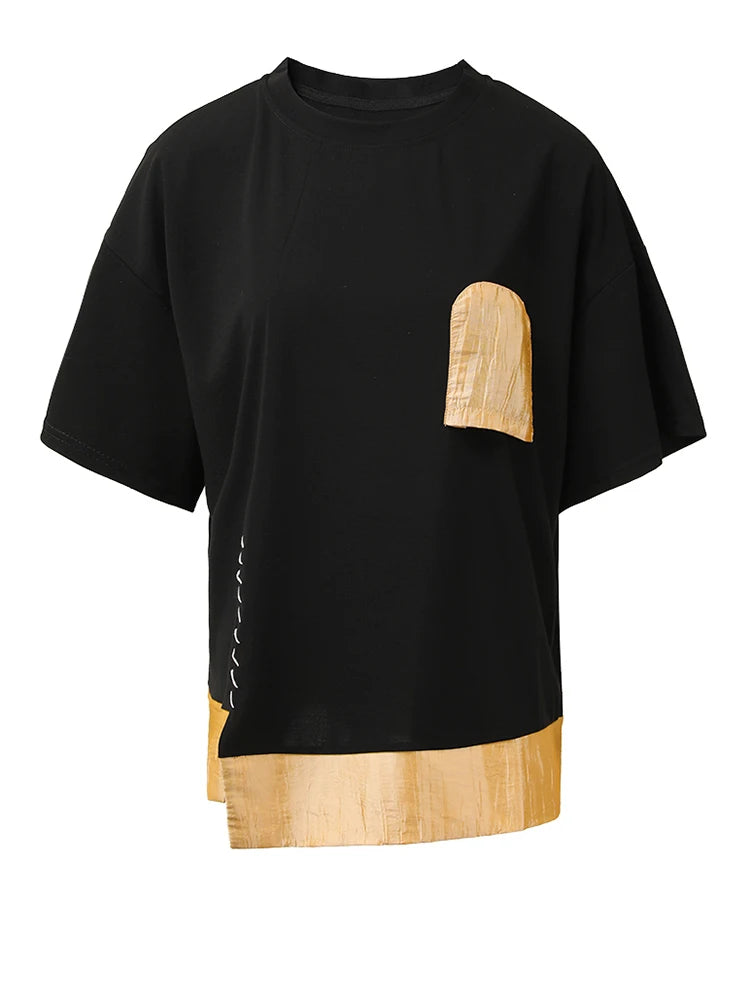 Women Black Pocket Color-block Topstitched Big Size T-shirt New Round Neck Short Sleeve Fashion Spring Summer 2025 1DH5356