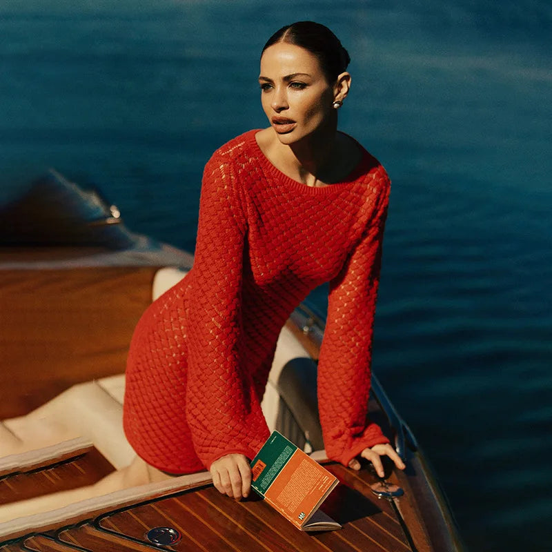 Backless Long Sleeve Knit Mini Dress For Women Fashion Elegant Spring Summer See Through Beach Holiday Dress Beachwear