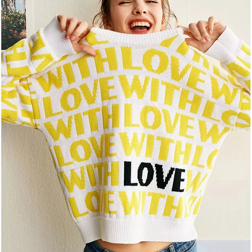 Load image into Gallery viewer, Thick Women Yellow Love Letter Jacquard Sweaters and Pullovers High Quality Knitted O-Neck Autumn Winter Sweet Top  C-028
