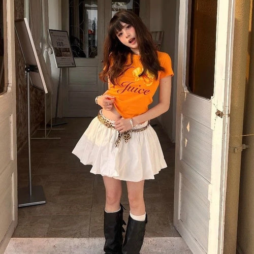 Load image into Gallery viewer, Harajuku Orange Flower Letter Printing T-shirts Streetwear Vintage Bodycon Fairy Tshirts Summer Women Y2k Aesthetic Grunge Tops
