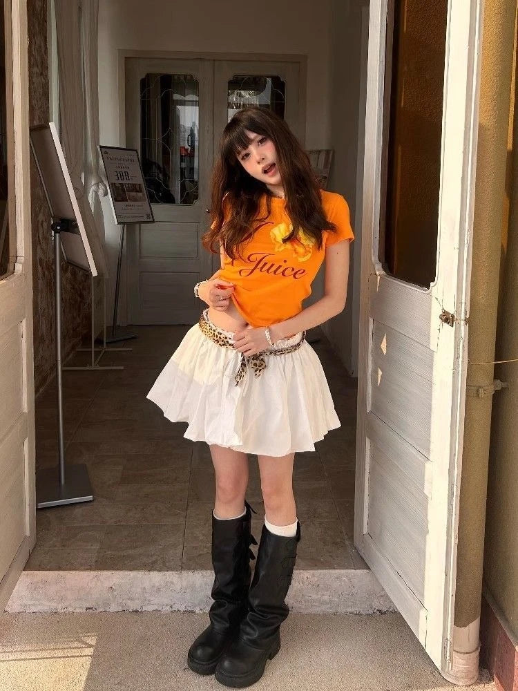 Harajuku Orange Flower Letter Printing T-shirts Streetwear Vintage Bodycon Fairy Tshirts Summer Women Y2k Aesthetic Grunge Tops