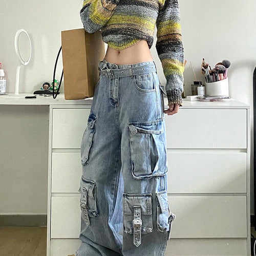 Load image into Gallery viewer, Patchwork Pockets Casual Loose Denim Pants For Women High Waist Spliced Belt Streetwear Cargo Jeans Female Fashion
