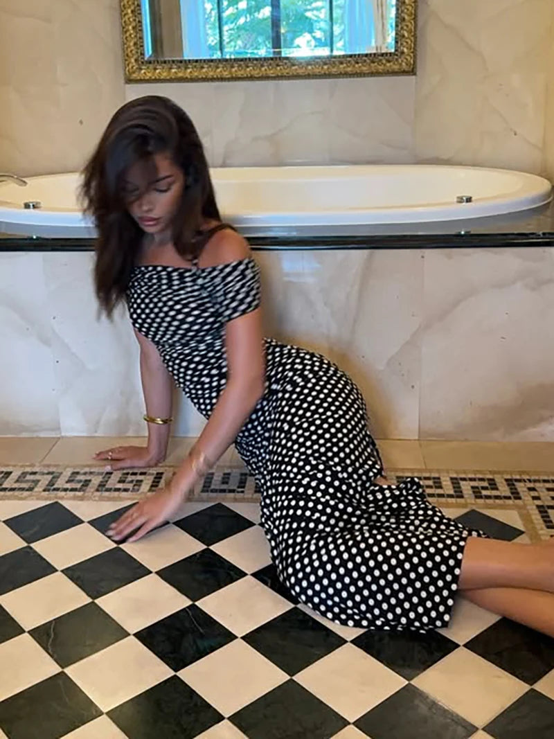 Off-shoulder Polka Dot Maxi Dress For Women Gown Fashion Halter Sleeveless Backless bodycon Split Long Dress Elegant