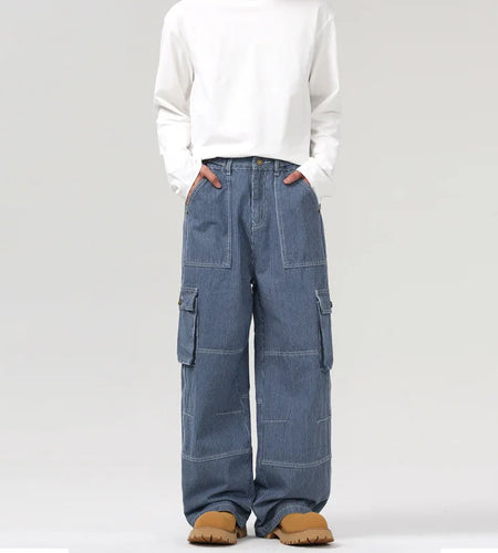 Striped Men's Denim Pants New American Straight Denim Pants Hign Street Multi Pockets Desgin Spliced Retro Trousers 9W1557