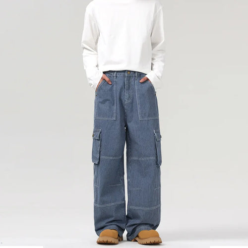 Load image into Gallery viewer, Striped Men's Denim Pants New American Straight Denim Pants Hign Street Multi Pockets Desgin Spliced Retro Trousers 9W1557
