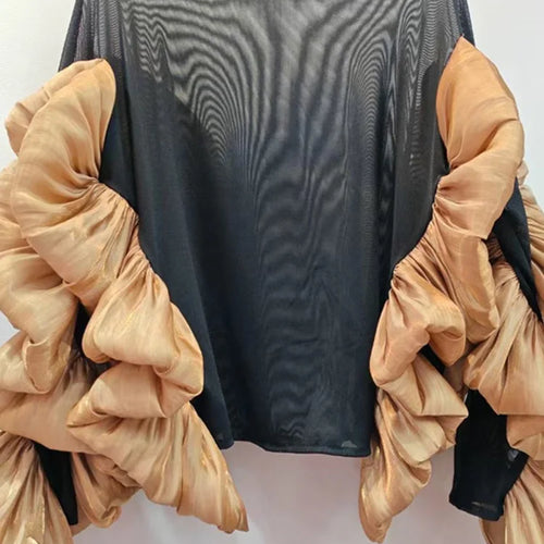 Load image into Gallery viewer, Women White Mesh Perspective Ruffles Big Size T-shirt New Round Neck Long Sleeve Fashion Tide Spring Autumn 2025 1DJ0036
