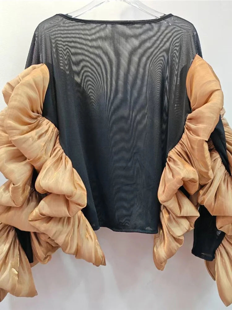 Women White Mesh Perspective Ruffles Big Size T-shirt New Round Neck Long Sleeve Fashion Tide Spring Autumn 2025 1DJ0036