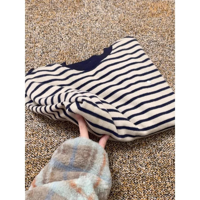 Korean Women Beige Striped Pullovers Velvet Sweater Casual Autumn Winter New Knitted Loose O-neck Long Sleeve Elegant Tops Thick