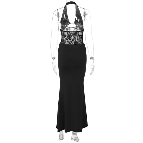 Load image into Gallery viewer, Sheer Lace Hollow Out Sexy Maxi Dress For Women Gown Halter Deep V Neck Sleeveless Backless Bodycon Long Dress
