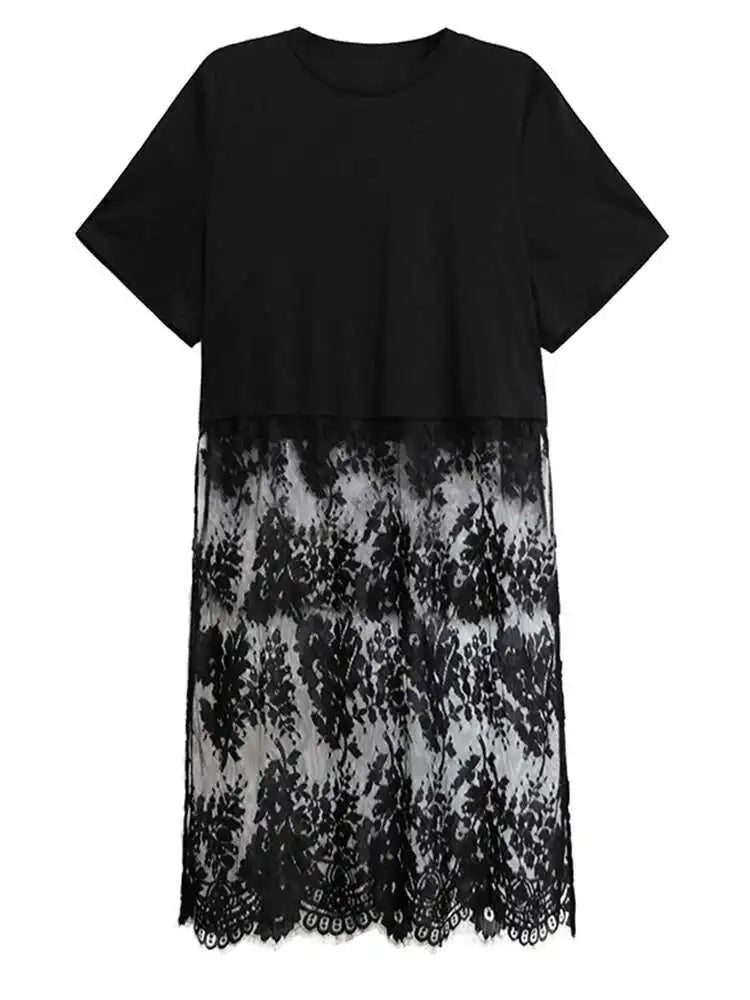Women Black Hem Lace Perspective Big Size Midi Dress New Round Neck Short Sleeve Fashion Tide Spring Summer 2025 1DH6140