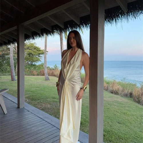 Load image into Gallery viewer, Satin Deep V Neck Backless Sexy Maxi Dress Women Elegant Halter Sleeveless Lace-up High Waist Draped Ruched Long Dress
