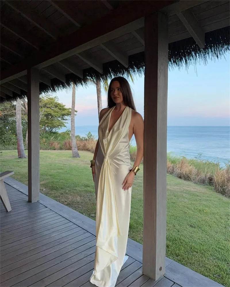 Satin Deep V Neck Backless Sexy Maxi Dress Women Elegant Halter Sleeveless Lace-up High Waist Draped Ruched Long Dress