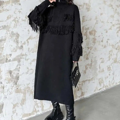 Load image into Gallery viewer, Women Black Tassels Knitting Big Size Midi Dress New Turtleneck Long Sleeve Loose Fit Fashion Spring Autumn 2025 1DH1601
