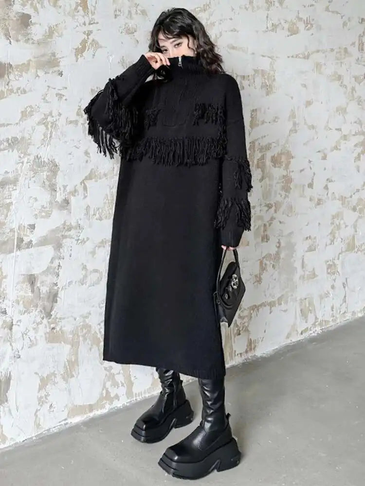 Women Black Tassels Knitting Big Size Midi Dress New Turtleneck Long Sleeve Loose Fit Fashion Spring Autumn 2025 1DH1601