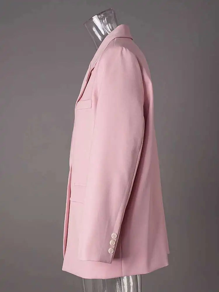 Women Pink Color Double Breasted Big Size Blazer New Lapel Long Sleeve Jacket Fashion Tide Spring Autumn 2025 CPG2778