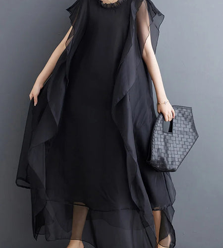 Women Black Ruffles Spliced Big Size Long Dress New Round Neck Short Sleeve Fashion Tide Spring Summer 2025 1DJ0327