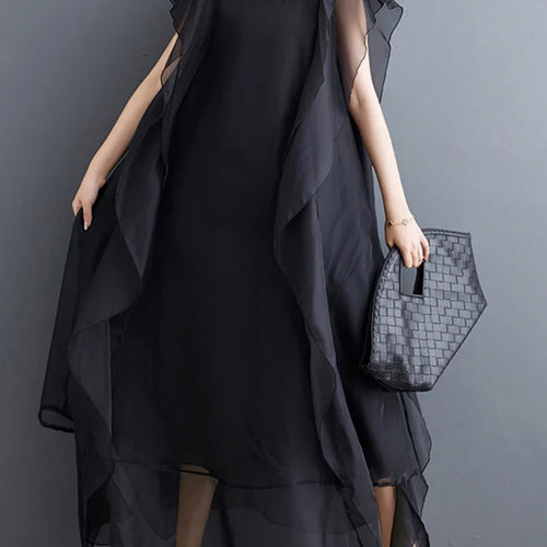 Load image into Gallery viewer, Women Black Ruffles Spliced Big Size Long Dress New Round Neck Short Sleeve Fashion Tide Spring Summer 2025 1DJ0327
