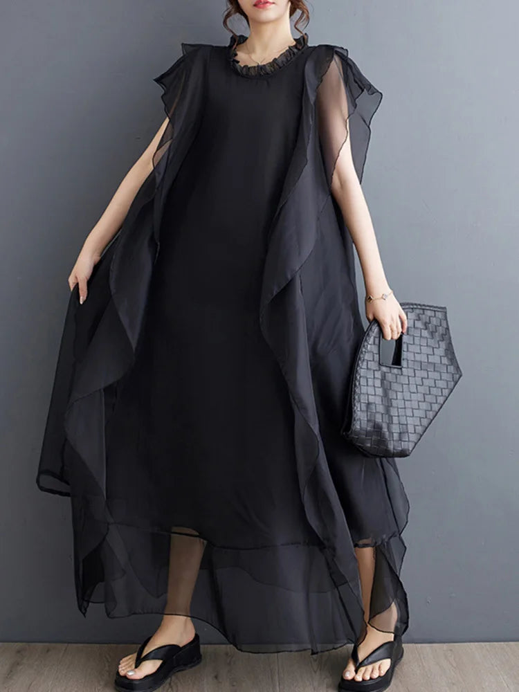 Women Black Ruffles Spliced Big Size Long Dress New Round Neck Short Sleeve Fashion Tide Spring Summer 2025 1DJ0327