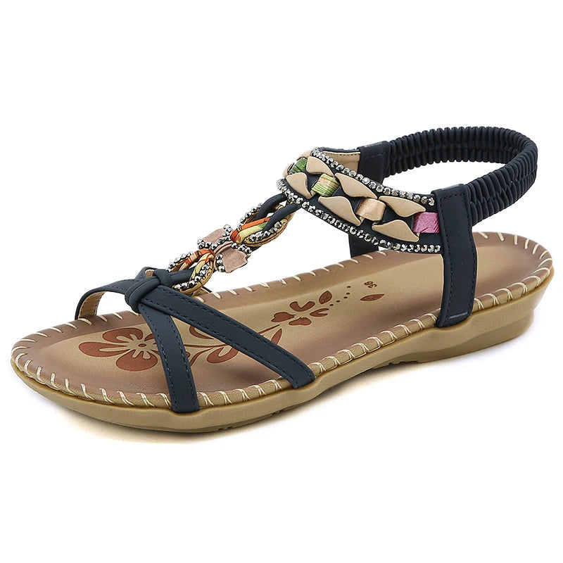 Women's Sandals Bohemia Style Gemstone Sandals Summer 2025 Low Heels Shoes Woman Beach Footwear Summer Shoes Sandalias De Mujer