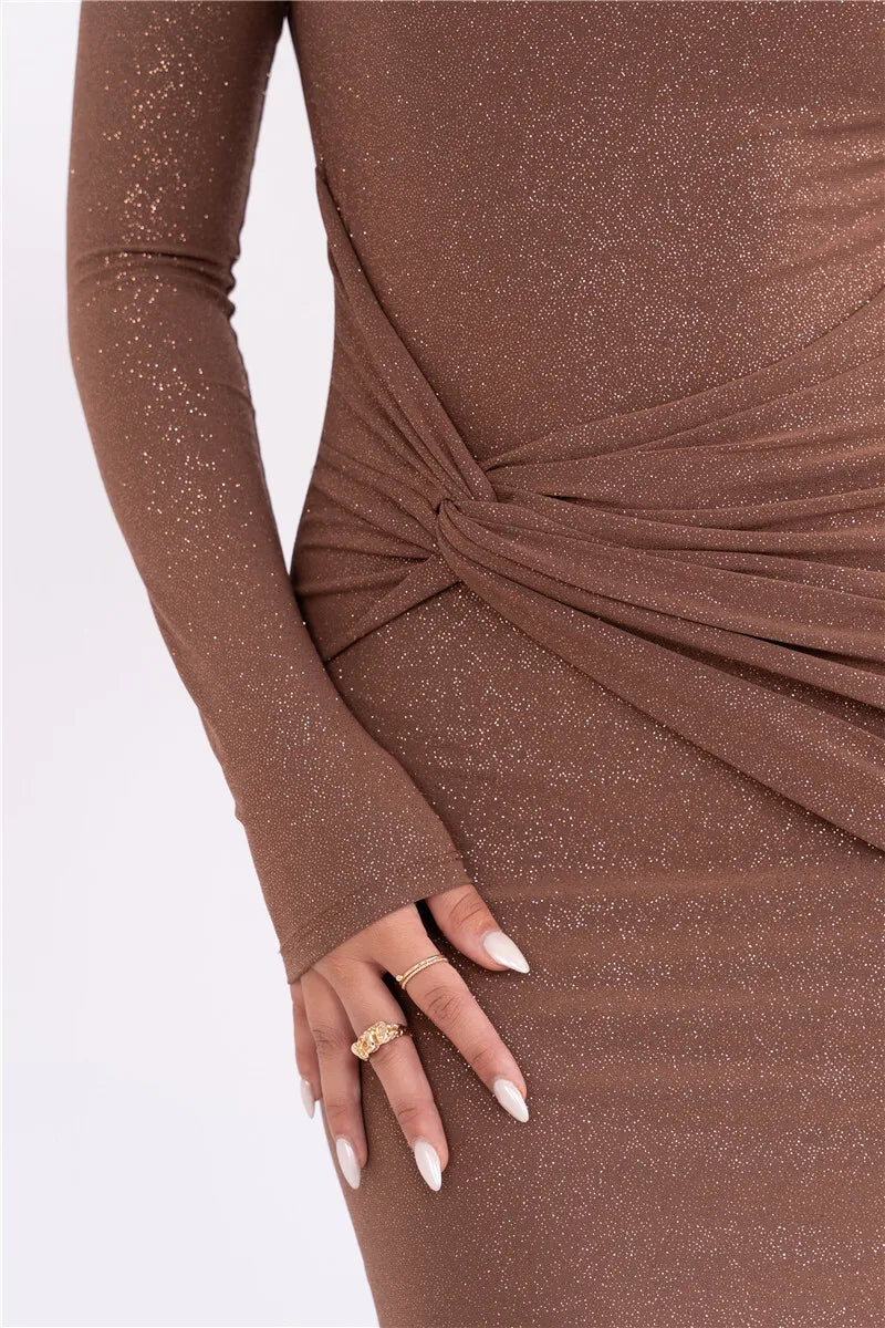 Sparkle Long Sleeve Sexy Maxi Dress For Women Inclined Shoulder Backless Bodycon Ruched Club Party Sexy Long Dress