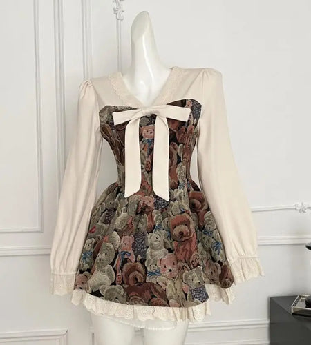 French Retro Women Fashion Beige Floral Patchwork Lace Mini Dress Autumn Winter Sweet Long Sleeved Ruffles Bow Short Dress Boho