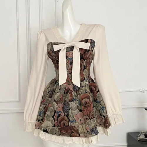 Load image into Gallery viewer, French Retro Women Fashion Beige Floral Patchwork Lace Mini Dress Autumn Winter Sweet Long Sleeved Ruffles Bow Short Dress Boho
