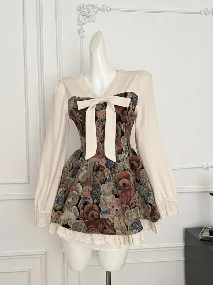 French Retro Women Fashion Beige Floral Patchwork Lace Mini Dress Autumn Winter Sweet Long Sleeved Ruffles Bow Short Dress Boho